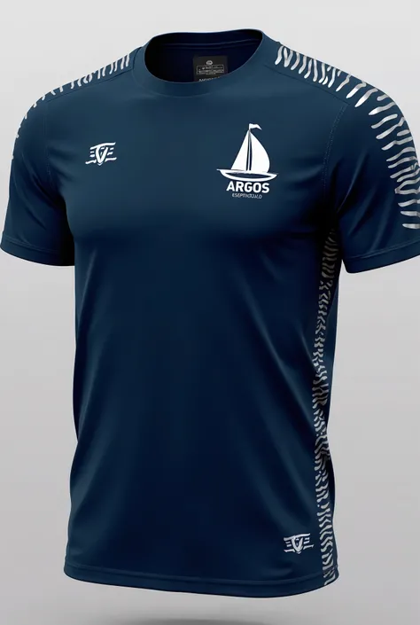 " Design a t-shirt for the sports team Argos Esports with the following details:  base color navy blue , silver accents ,  minimalist logo of a Greek boat on the left chest ,  wave patterns on the sleeves and the players name on the back in silver color ."