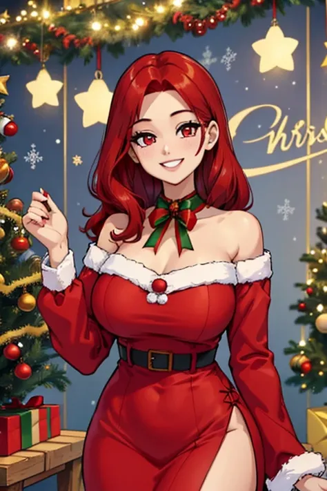 Perfect face. Perfect hands. A red haired woman with red eyes with an hourglass figure in a cute Christmas dress is helping decorate a Christmas tree with a big smile
