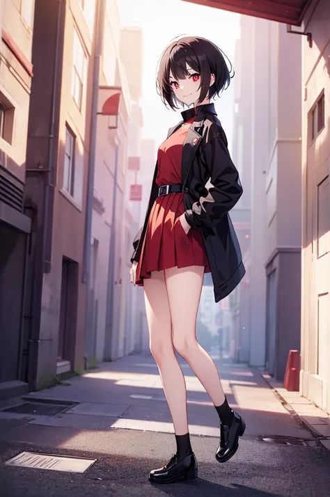 masterpiece, highest quality, highest quality, (no text), Beautiful and aesthetic:1.2),no text,anime、break,anime、break、 one woman、dark haired woman short hair　 Slit Eyes Boyish 　adult　 beautiful eyes　Red and Black　red eyes, cool smile　 skirt　　 Black Coat　F...