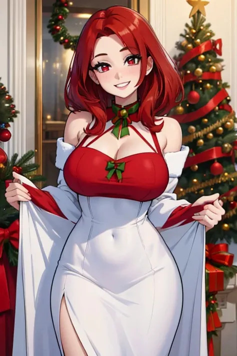 Perfect face. Perfect hands. A red haired woman with red eyes with an hourglass figure in a cute Christmas dress is helping decorate a Christmas tree with a big smile
