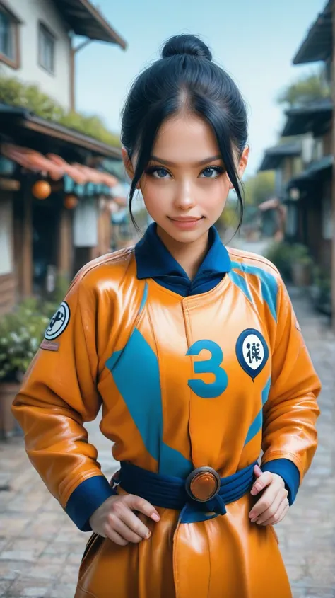 a highly realistic full-body image of Pan, a young and energetic girl with short black hair and a bright, cheerful expression. She is wearing her signature orange gi with blue accents, similar to Goku’s, showcasing her martial arts training and potential. ...