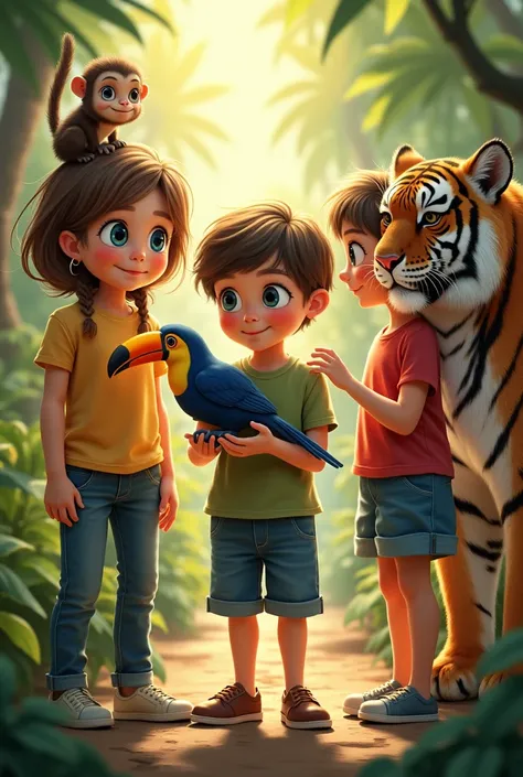 A girl with a monkey , a boy with a toucan and another a girl with a tiger,  all are  ren 