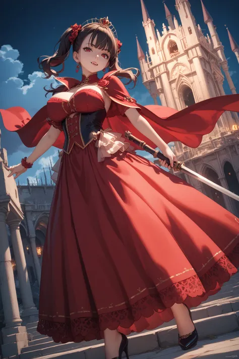 ((((masterpiece)))), ((((Best Quality)))), (anime coloring) ,4k,8k,High resolution,dark,night,Abandoned castle,whole body,fine grain,Detailed face,vampire,red,Red Cape,Red dress,Red long skirt,Curvy,action、so beautiful、Beautiful Skin、Beautiful and detailed...