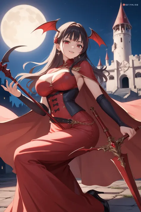 ((((masterpiece)))), ((((Best Quality)))), (anime coloring) ,4k,8k,High resolution,dark,night,Abandoned castle,whole body,fine grain,Detailed face,vampire,red,Red Cape,Red dress,Red long skirt,Curvy,action、so beautiful、Beautiful Skin、Beautiful and detailed...