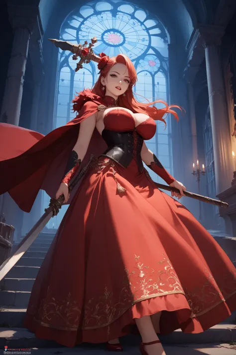 ((((masterpiece)))), ((((Best Quality)))), (anime coloring) ,4k,8k,High resolution,dark,night,Abandoned castle,whole body,fine grain,Detailed face,vampire,red,Red Cape,Red dress,Red long skirt,Curvy,action、so beautiful、Beautiful Skin、Beautiful and detailed...