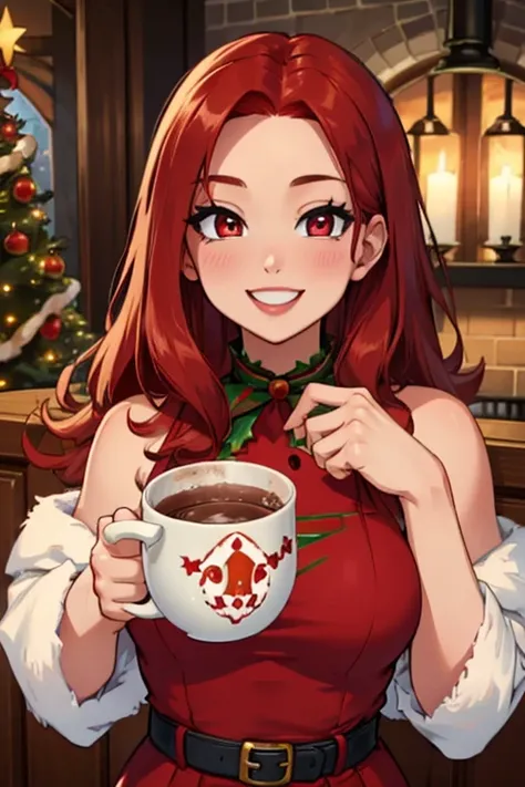 Perfect face. Perfect hands. A red haired woman with red eyes with an hourglass figure in a cute Christmas dress is drinking hot chocolate with a big smile