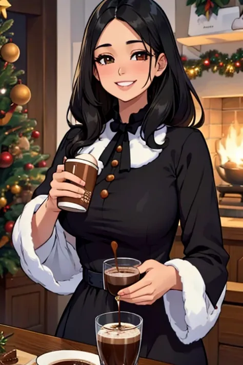 Perfect face. Perfect hands. A black haired woman with brown eyes with an hourglass figure in a cute Christmas dress is drinking hot chocolate with a big smile

