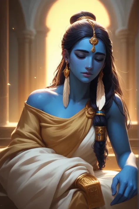 A anime inspired modern interpretation of Radha and Krishna in a private setting, both with divine looks and colors—Krishna with blue skin and Radha with a golden-white complexion. They are dressed in contemporary clothing; Krishna wears casual modern atti...