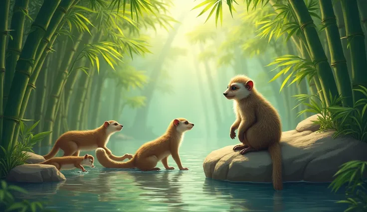 A herd of mongooses, a bamboo grove, a lake, and the leader monkey who advises you is on a rock.