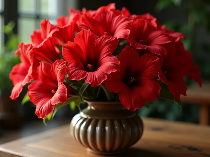 A beautiful red Gloxinia vase. full of flowers.  REALISTIC IMAGE.