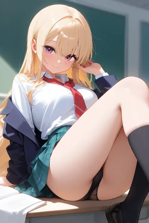 Blonde　 black panties　 gal　 knee-high　 high school girl　perfect hand