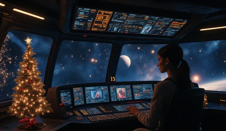 sci-fi, interior of space ship, control panel, through the window you can see distant galactics and stars and alien planets, on the desktop stands a small decorated Christmas tree like a small symbol of Christmas, young woman pilot flies through space to h...