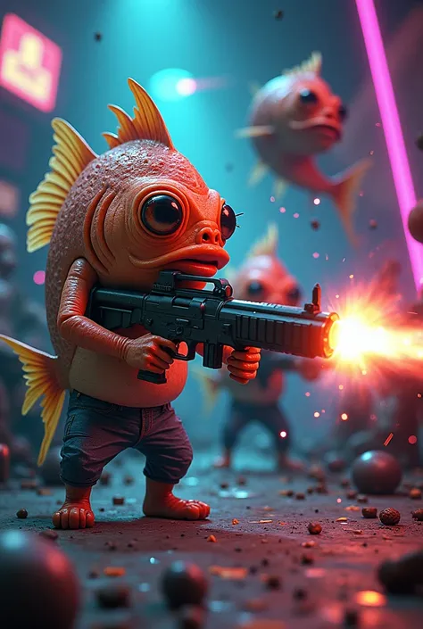 Drunk Ugly fish play lasergame with guns.