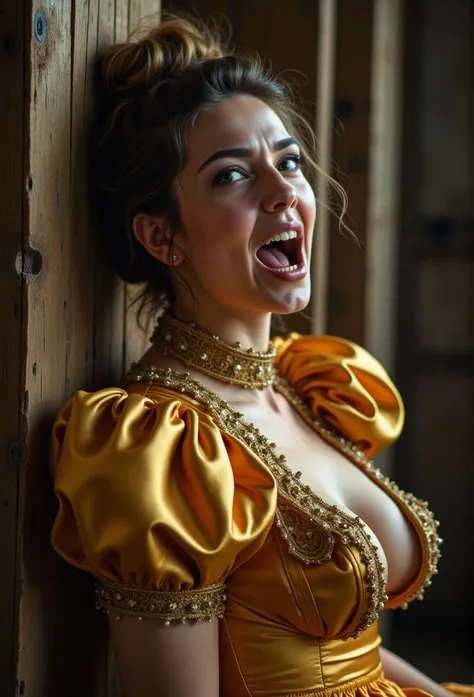 (realistic photograph close up sideways historical cheerful) (a big bust slender waist beautiful sexy looking smiling surprised damsel having an orgasm with (messy hair bun)), (she is wearing (an exaggerated elaborate shiny high neck dress with (oversized ...