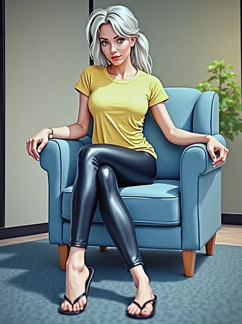 Woman woman platinum blonde hair tight yellow t shirt shiny black leather leggings black flip flops athletic style body setting in a chair with her legs crossed her hair tied back and a ponytail in a bedroom
