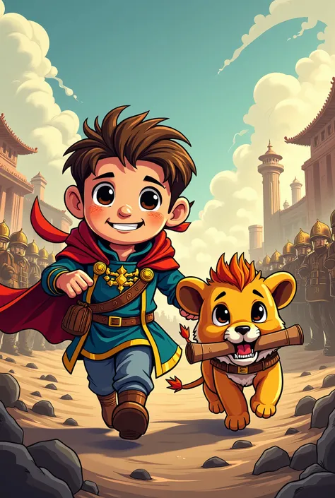 create a comic style (cartoonish), 2d page prince running with his a cute lion cub that hold a battle scroll in his mouth, battle field background