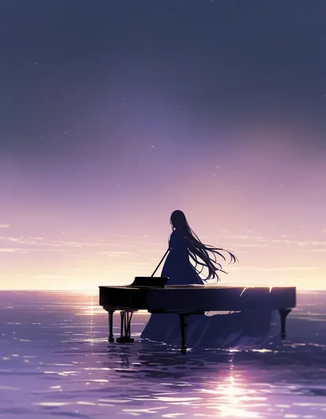 A woman in a dark blue dress sits at a grand piano on a clifftop as the sun rises over the ocean. The sky is filled with warm yellow and soft purple tones, and the calm water reflects the morning light. The woman is focused on the piano, her long hair flow...