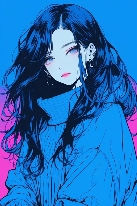 ( top quality , sketch:1.2), realistic , illustrator ,Anime, 1 girl,  detailed lips , sweater ,custom, blue gradient background,Neon Hair, texture cropping,Canada, masterpiece,  style retro classic, Noir Dark , sad smile , black hair, long hair