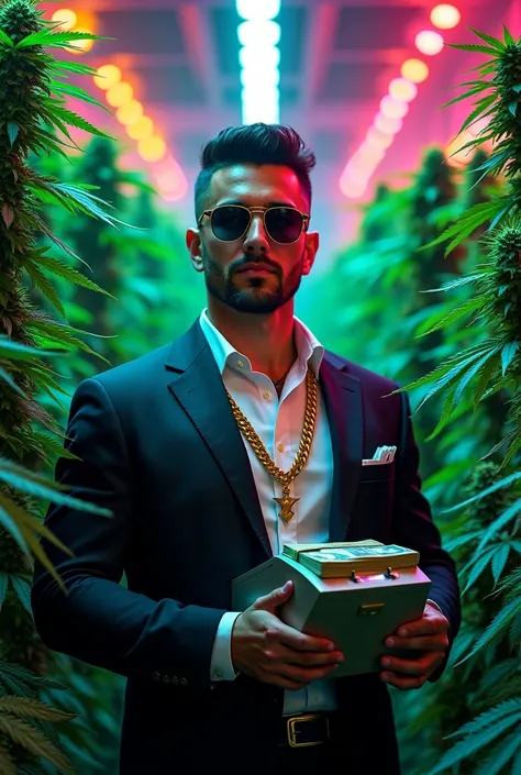 colorful image of a confident businessman standing in a lush cannabis farm with a multitude of ATMs and cash counting machines. The focus is on his upper body (half-body shot), and he is perfectly focused. The man has sharp, professional features and is dr...