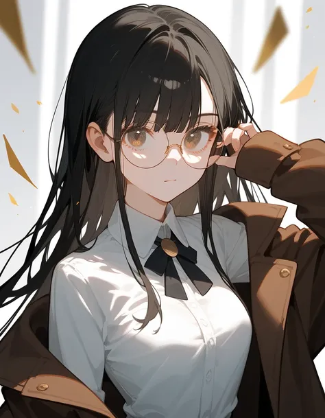 alone,girl,Black blonde hair,Bangs,girlบาร์, ,Wear black round glasses,Long hair,Black hair ends, brown jacket, in gold-bronze eyes ,Black hair ends,detective, White Shirt, Slight snot , showing no symptoms 