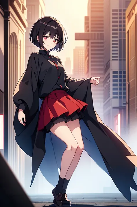 masterpiece, highest quality, highest quality, (no text), Beautiful and aesthetic:1.2),no text,anime、break,anime、break、 one woman、dark haired woman short hair　 Slit Eyes Boyish 　adult　 beautiful eyes　Red and Black　red eyes, cool smile　 skirt　 private cloth...