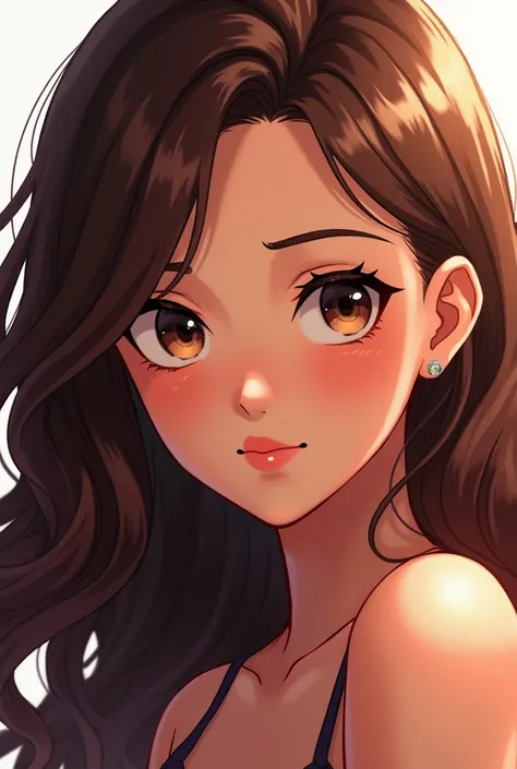 Camila is a young woman of medium height  (1.65),  brown skin and long wavy brown hair .  slender body provided .  Her almond-shaped and expressive eyes stand out on her face.  boku no hero style