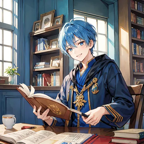 Blue Hair, Short Hair,  Wizard,  male student,  big smile when looking back, reading, Study, Bookworm, Black tea