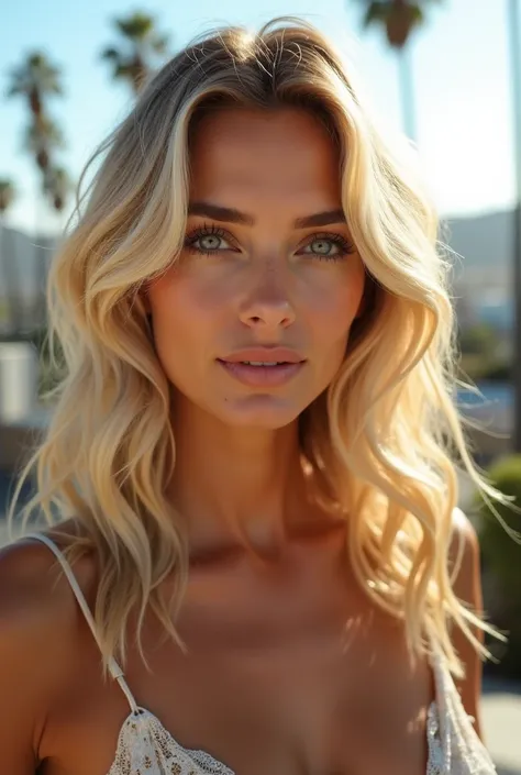 Beautiful blonde woman tanned in Los Angeles close up photo 