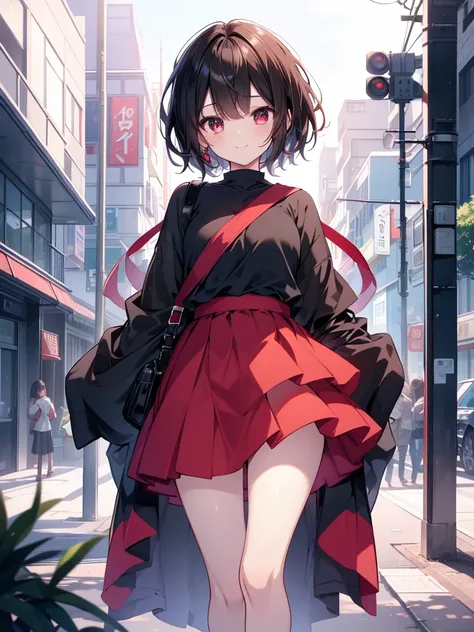 masterpiece, highest quality, highest quality, (no text), Beautiful and aesthetic:1.2),no text,anime、break,anime、break、 one girl、 Dark Haired Girl Short Hair 　 Slit Eyes Boyish 　adult　 beautiful eyes　Red and Black　red eyes, cool smile　 skirt　 private cloth...