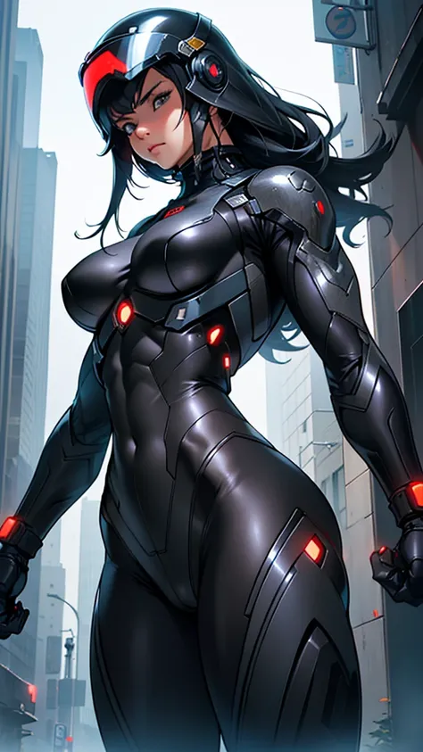  cybernetic girl detailed muscles realistic masterpieces full figure pose (best quality,ultra-detailed), cybernetic helmet covering face, fit body, slim figure, narrow waist, large buttocks, wearing a full black carbon fiber cybernetic mobile battle suit, ...