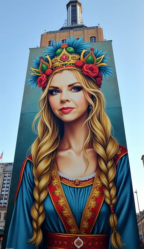  colorful graffiti painted on the facade of the Empire State Building of a beautiful girl,  dressed in the national costume of a Ukrainian woman ,  festive wreath on the head ,   pretty face, Очень подробные красивые лицо и  green eyes , delicate facial fe...