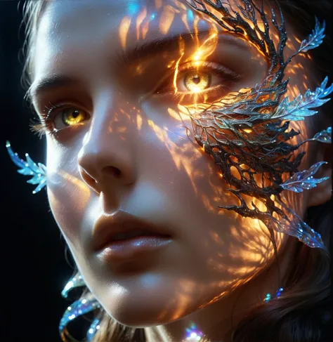 
by Deborah Butterfield, Andy Goldsworthy, Xavier Puente Vilardell, close up transparent neon dragon silhouetted liquid epoxy holographic garland sculptural face portrait, bioluminescence, light inside body, sunset sky, clouds, double exposure installation...