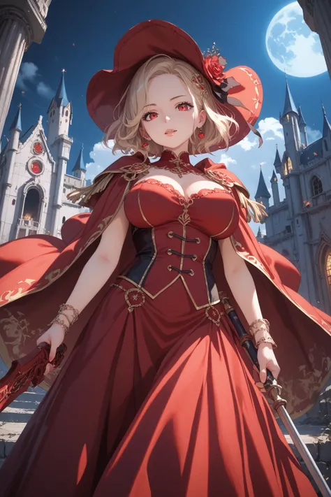 ((((masterpiece)))), ((((Best Quality)))), (anime coloring) ,4k,8k,High resolution,dark,night,Abandoned castle,whole body,fine grain,Detailed face,vampire,red,Red Cape,Red dress,Red long skirt,Curvy,action、so beautiful、Beautiful Skin、Beautiful and detailed...