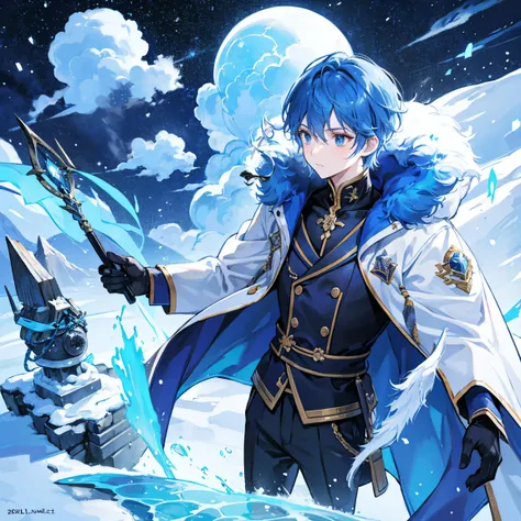 Blue Hair, Short Hair,  Wizard,  male student,   Luxury Snow Grounds, Cold protection, evening, Summit