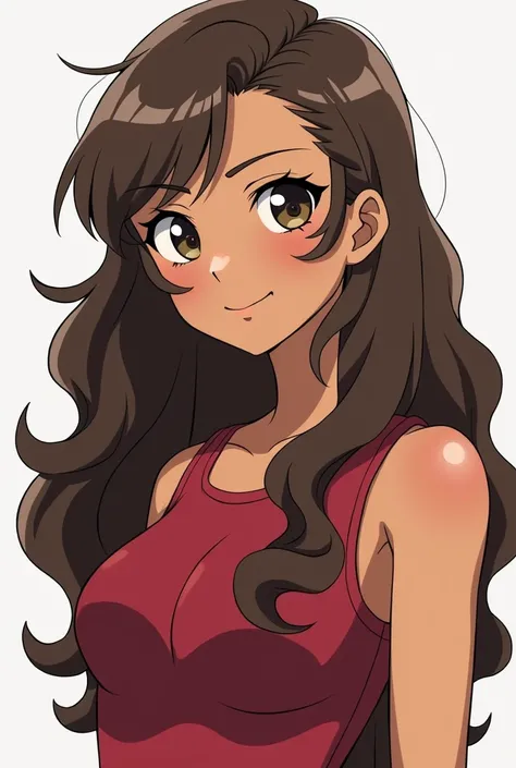 In the Boku no hero academy style. Camila is a young woman of medium height  (1.65),  brown skin and long wavy brown hair .  slender body provided .  Her almond-shaped and expressive eyes stand out on her face. 