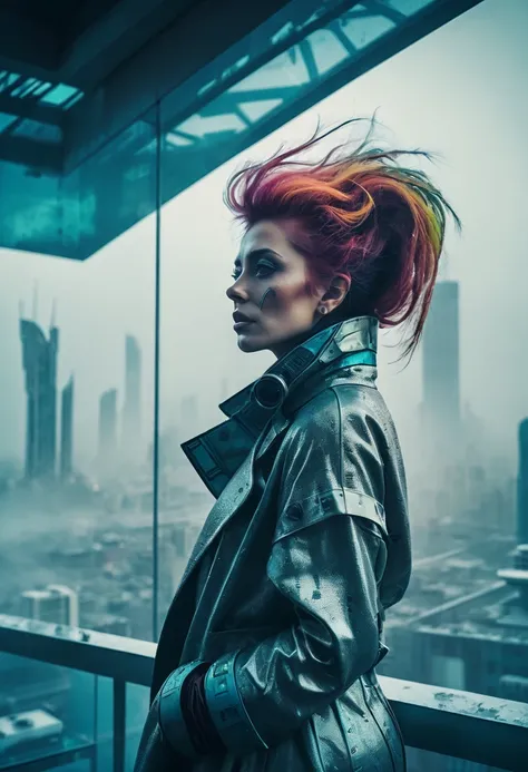 abstract colors, texture, film grain, skin pores:0.1 intricate dramatic portrait of a beautiful windblown scifi scientist standing on a balcony overlooking a futuristic (solarpunk)1.2 city, foggy morning, cinematic movie still frame, blade runner 2049, pun...