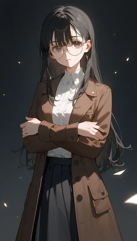 alone,girl,Black blonde hair,Bangs, ,Wear black round glasses,Long hair,Black hair ends, Brown Jacket,In bronze eyes ทอง,Black hair ends,detective, White Shirt, A little grotto, showing no symptoms ,Black skirt,Crossed hands,In bronze eyes 