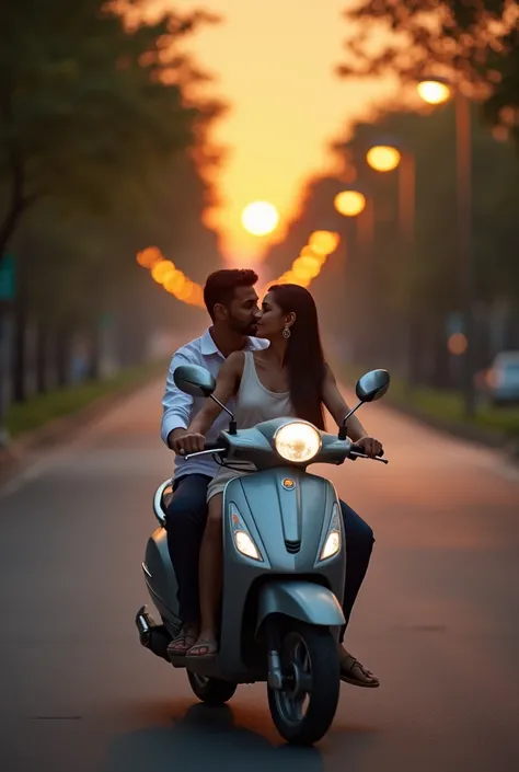 "A romantic scene where a woman, Samjhauta, is driving a grey scooter with a man, Jiwan, sitting on the back. The image is taken from a perfect drone shot. The road is surrounded by trees on both sides, and it is an evening setting with soft glowing street...