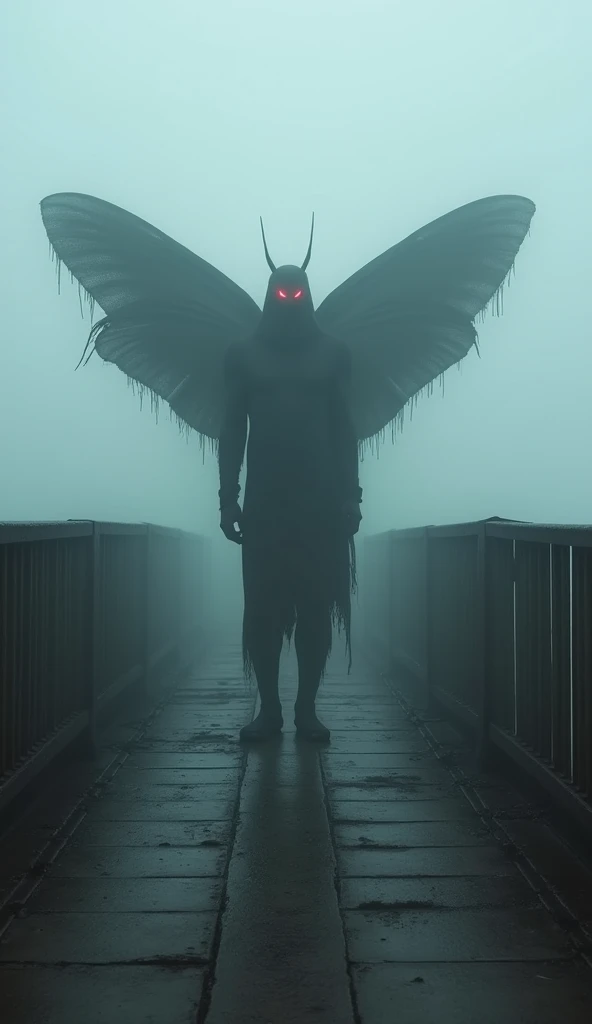 A dark silhouette resembling half-moth man with moth wings standing on an old bridge surrounded by dense fog. The figure has glowing red eyes that pierce through the mist. The bridge is weathered, with visible cracks and rust, and the fog envelops the scen...