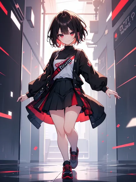 masterpiece, highest quality, highest quality, (no text), Beautiful and aesthetic:1.2),no text,anime、break,anime、break、 one girl、 Dark Haired Girl Short Hair 　 Slit Eyes Boyish 　adult　 beautiful eyes　Red and Black　red eyes, cool smile　 skirt　 private cloth...