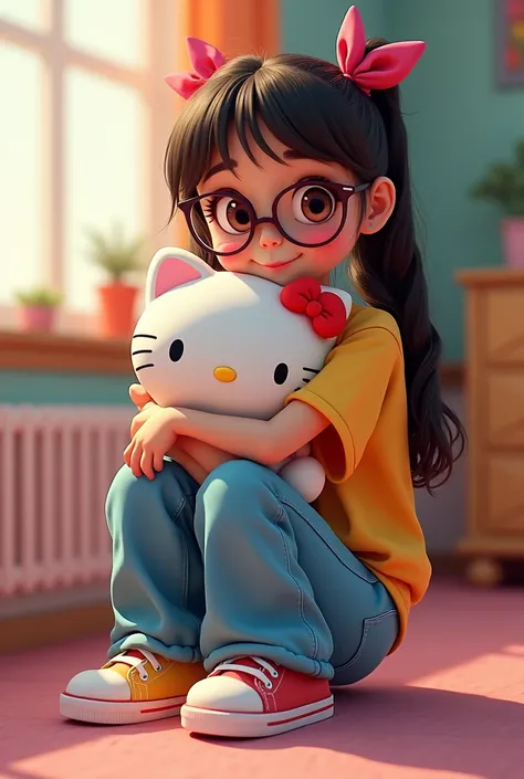 Girl with glasses wearing Y2K clothes while hugging a Hello Kitty plush toy 