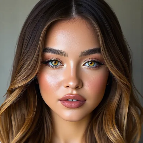 The portrait is a close-up of an absolutely stunning model, a blend of Half-Asian and Half-Caucasian features. Her captivating light hazel eyes are almond-shaped, with flecks of gold and green shimmering in the light. Framed by long, dark lashes, her gaze ...