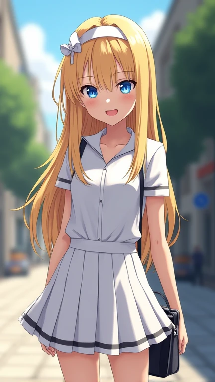 skinny girl,  looks at the viewer,  white short skirt with a black stripe below,  white school shirt,  blonde hair ,  long hair,  hair is braided at the back with a white ribbon , bangs, white hairband ,  Smile , open mouth,  blue eyes ,  close-up , Shine,...