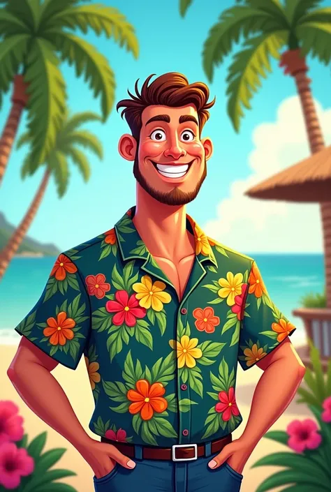 Cartoon of a man in a Hawaiian shirt 