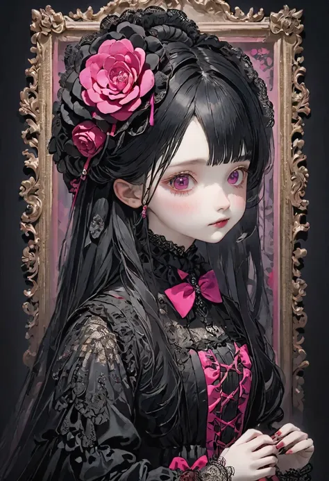 RAW Photos、Realistic、Highest quality、masterpiece、Beautiful gothloli Victorian girl, kawaii cute face, floral motifs, intricate details, braided hair, black lace, large doll-like eyes, dark fantasy, black color, neon-pink color, silver color, roses ribbons,...