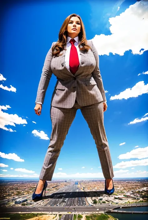 Looking up at the approaching woman from below, Giantess art, 100 miles tall giga giantess, sophisticated and stylish woman in a light grey italian pinstriped trouser suit, form fitting crisp white office shirt, and a large wide blue necktie in a windsor k...