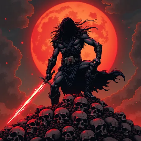 Streng Faceless warrior with long black hairs on a pile of skulls, magic lighting sword, red blood battelfield, heavy metal comic, epic artwork, conan the barbarian, storm in the sky, front picture, no armor