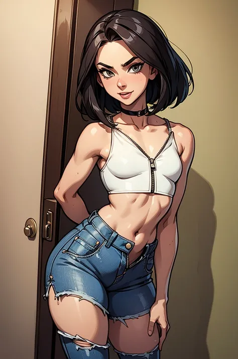 super sexy cute femboy, wearing crop top, unzipped jeans shorts, shoulder length hair, flat chest, excited face, slim waist, erection under clothes