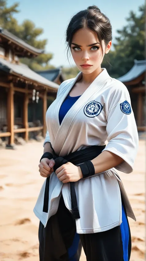 a highly realistic full-body image of Videl, a beautiful and sensual woman with long, dark brown hair and a determined, confident expression. She is wearing a form-fitting blue martial arts outfit with a white emblem on her chest, showcasing her strength a...