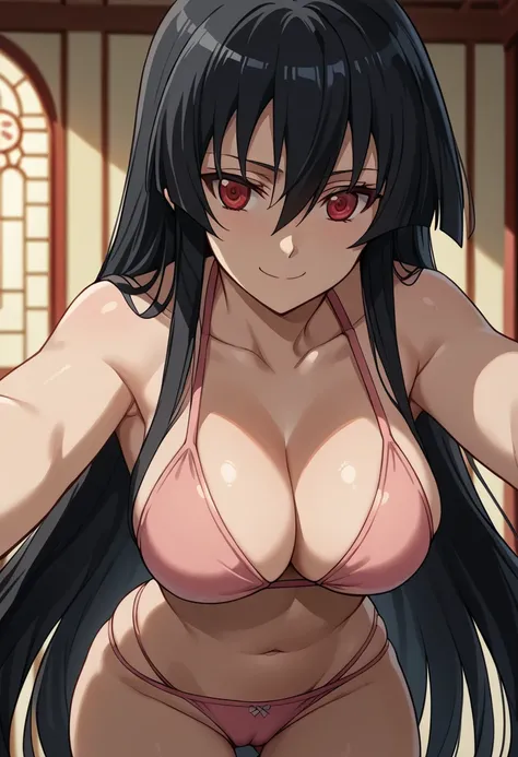 A girl
AGKakame  , Akame,   long hair ,   black hair,   Red Eyes,    hair between the eyes  ,smile, half-closed eyes ,
pink bikini, camel toe,  Feminino
outdoor  ,  perfect anatomy ,
Alone,  ( Bottom view)、(bent forward posture)、(fourth rose)、 Big breasts ...